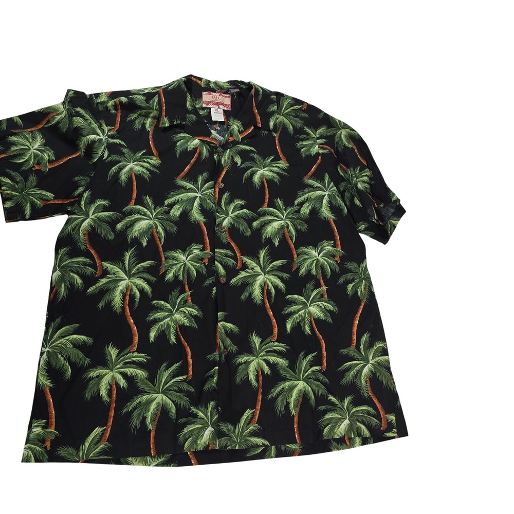 RJC Men's Hawaiian Shirt Palm Tree Print Black XL Short Sleeve Made in Hawaii
